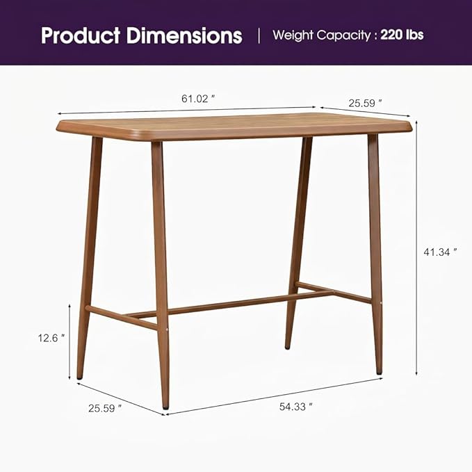 PURPLE LEAF Bar Rectangular Table Patio Modern Pub Dining Table with Weather Resistant Top Indoor and Outdoor Deep Teak
