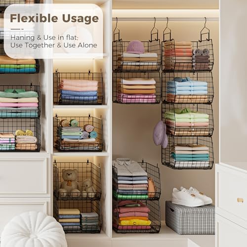 4" Extra Deeper Hanging Closet Organizers and Storage,4 Tier Foldable Wire Cabinet Shelves with 5 S Hooks,Small Metal Basket Bins for Clothes Sweaters Handbags, Wardrobe for Kitchen Laundry Room，Black