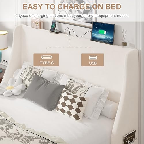 VECELO Queen Bed Frame with Upholstered Wingback Headboard, Heavy-Duty Platform Bedframe with Charging Station, Wooden Slats, No Box Spring Needed, Cream Beige