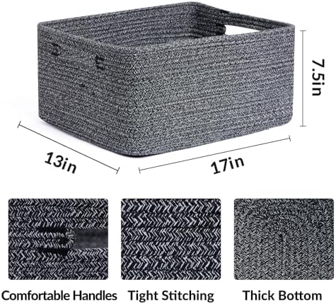 MiniArk Large Storage Baskets for Organizing, 17 x 13 x 7.5” Closet Shelf Baskets for Clothes Blanket Towels, Baby Nursery, Toy Bins Box, Woven Rope Baskets, 4 Packs Dark Gray