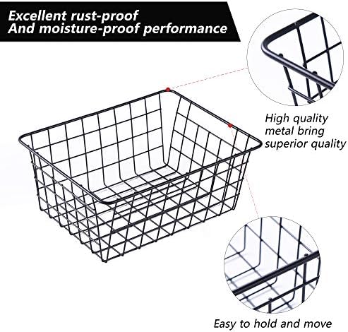 Wire Baskets for Organizing 4 Pack Pantry Baskets For Storage 11x8.7x4.7in | Wire Baskets for Kitchen Refrigerator Freezer Cabinet Shelf Garage,Metal Bin with Side Handles for Easy Pull (Black)