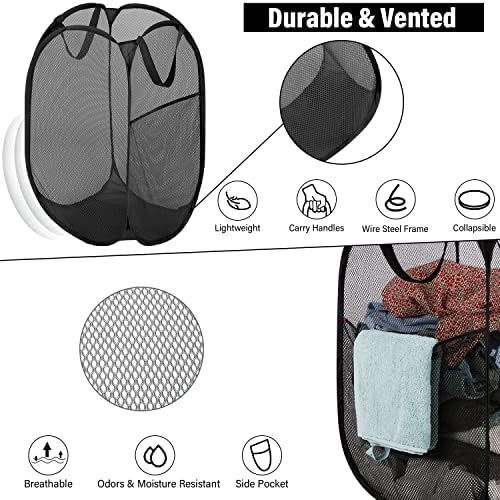 BATTOO Deluxe Strong Mesh Pop up Laundry Hamper Basket with Side Pocket for Laundry Room, Bathroom, Kids Room, College Dorm or Travel 3 Pack Black