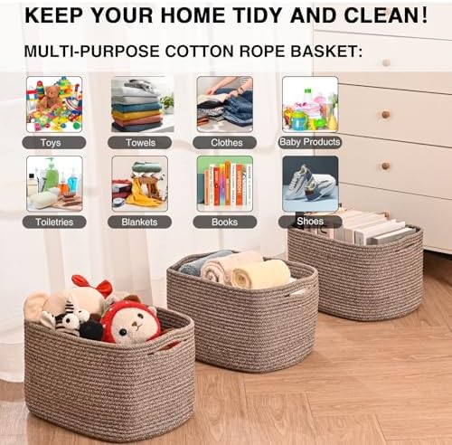 Storage Baskets for Organizing Shelves, Woven Cotton Rope Bins for Organization, Dog Toy Organizer for Shelf Living Room Bedroom, 14.8"×11"×9.5", Pack of 3, Dark Brown
