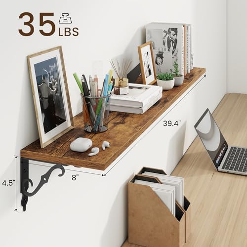 RICHFOCUS Floating Shelves for Wall Decor, 39.4W x 8D Shelves Set of 2, 8 Inch Deep Rustic Wood Shelves Wall Mounted with Brackets, Long Floating Shelves for Living Room Bedroom Kitchen, Rustic Brown