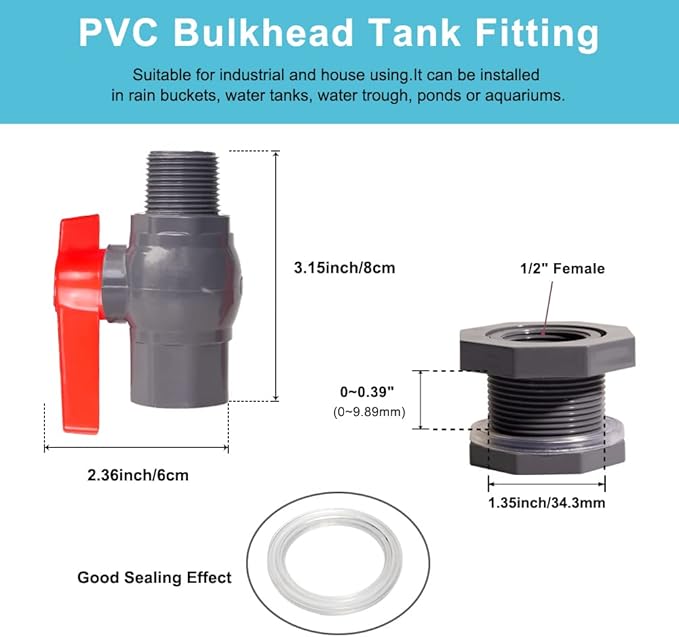 Ququyi 1/2 Inch PVC Rain Barrel Valve Spigot Kit with Ball Valve and Bulkhead Fitting Adapter for Water Tanks, Aquariums, Pools