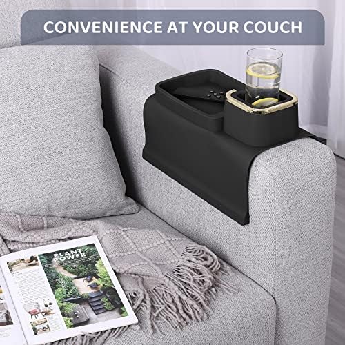 HMASYO Couch Cup Holder Tray – Weighted Silicone Sofa Armrest Organizer Table with Anti-Spill Coaster, Easy Reach for Drink, Snacks, Remote & Phone, Non-Slip Base, Easy Clean
