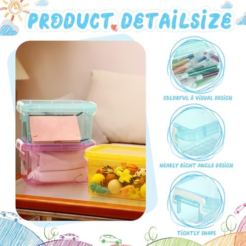 Wenqik 6 Pack Colorful Plastic Storage Bins with Lids, Colorful | 4 Quart Clear Plastic Small Bins, Stackable Nestable, Latching Buckles, Kids Toy Sorting Playroom, Craft Supplies Storage
