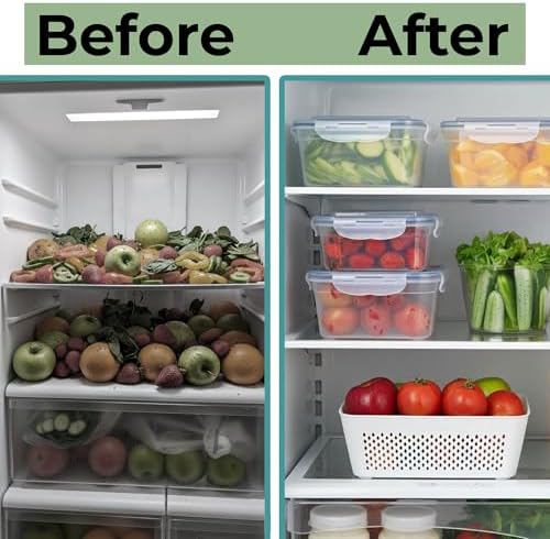 5 Pack Large Fruit Storage Containers for Fridge with Removable Colander | Plastic Food Storage Containers with Lids Airtight-Leak Proof Refrigerator Organizers and Storage of Vegetable