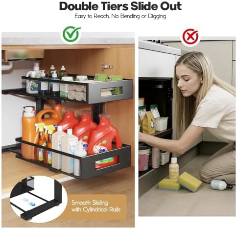2 Packs 19IN Depth Under Sink Organizer, 2-Tier Pull Out Cabinet Organizer With Smooth Circular Rail, Large Capacity Metal Mesh Sliding Drawers For Bathroom& Kitchen Storage,Height Adjustable –Black