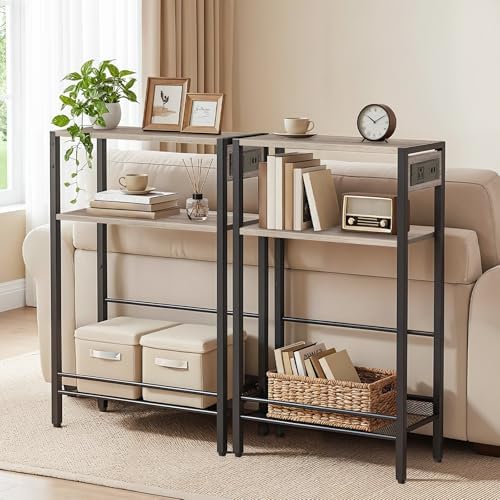 HOOBRO 15.7" Narrow Console Table with Charging Station, 3 Tier Entryway Table for Small Space, Behind Couch Table, Sofa Table, for Entryway, Hallway, Living Room, Greige and Black BG42UXG01