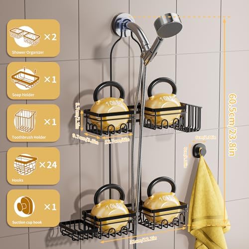 DAOYA Shower Caddy Hanging - Shower Caddy for Handheld Shower Heads with Soap holder, Toothbrush Holder & Suction Hook, Universal 0.82-inch Fit with Non-Slip Rubber Pad, Black