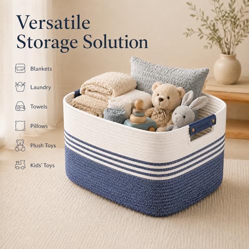 Cotton Rope Laundry Basket Large, 19.2GAL Collapsible Woven Storage Baskets for Living Room Kids Toys Stuffed Animal,Boho Rectangular Decorative Short Hamper for Dirty Clothes, Blankets Denim Blue