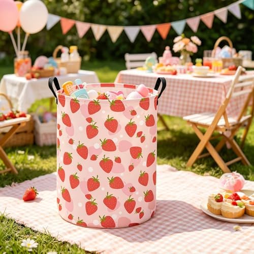Round Fabric Collapsible Storage Basket with Handles, Strawberry