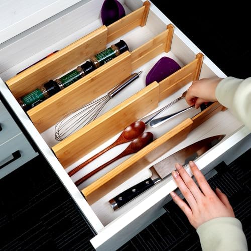 Utoplike Bamboo Drawer Organizer, 4" H Dresser Drawers Dividers for Clothes | Adjustable Deep Drawers Organizers for Clothing, Silverware, in Kitchen, Bathroom, Bedroom Drawer, Fit 14"-16" Drawers