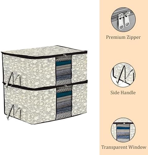 Kuber Industries Underbed Storage Bag | Clothes Storage Organizer | Blanket Cover with Clear Window | Zipper Closure & Handle Cloth Organizer | Flower-Design | Large | Pack of 2 | Black