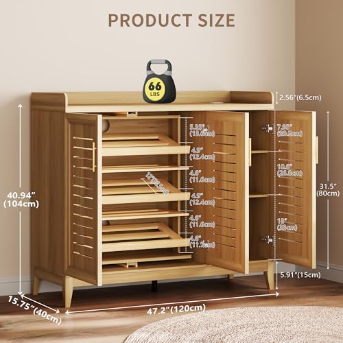 Vlsrka Rotating Shoe Storage Cabinet with Slatted Doors and Lights, Wood