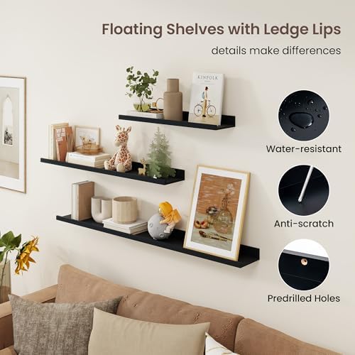 Axeman Picture Ledge Shelf, 48 Inch Black Floating Shelves Set of 3