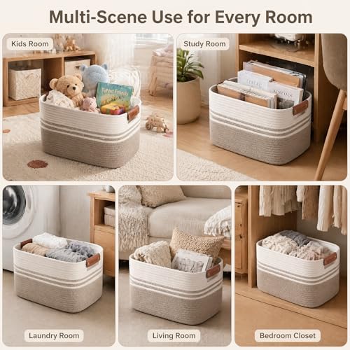 Cotton Rope Laundry Basket Extra Large, 25.4GAL Collapsible Woven Storage Baskets for Living Room Kids Toys Stuffed Animal,Boho Rectangular Decorative Hamper for Dirty Clothes, Blankets White Brown