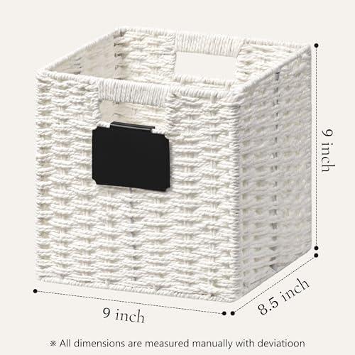 UBBCARE 4 Pack Small Wicker Basket, 9×9 Storage Cubes with Label, Foldable Cube Storage Bin with Handle, Square Storage Basket for Shelves, Woven Paper Rope Basket for Organizing, White