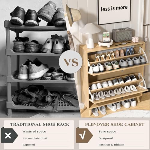 Fsbecl Shoe Storage Cabinet for Entryway with 2 Fluted Flip Drawers, Oak