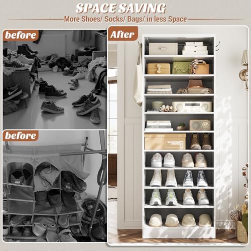 Aheaplus 10 Tiers Narrow Wood Shoe Rack, Tall Shoe Storage Cabinet, White