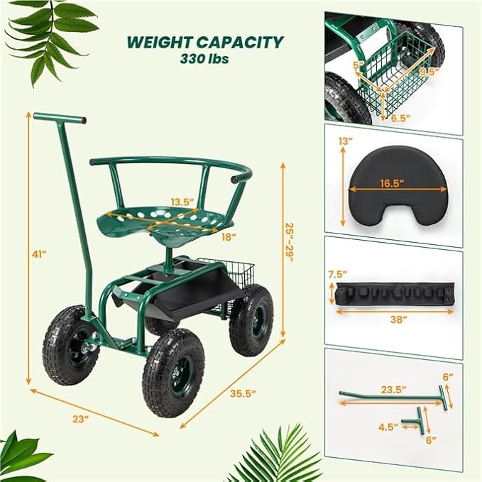 ERGOMASTER Garden Cart Rolling Workseat with Wheels,2 Steering Handles,360 Degree Swivel Seat & Tool Storage, Use for Patio, Yard, and Outdoors Workseat, Green