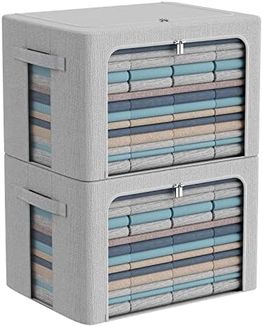 CYhom 2Pack Extra Large Clothes Storage Bins Box - Linen Fabric Foldable Stackable Container Organizer Set with Clear Window & Carry Handles & Metal Frame (Light Grey, Extra Large-100L)