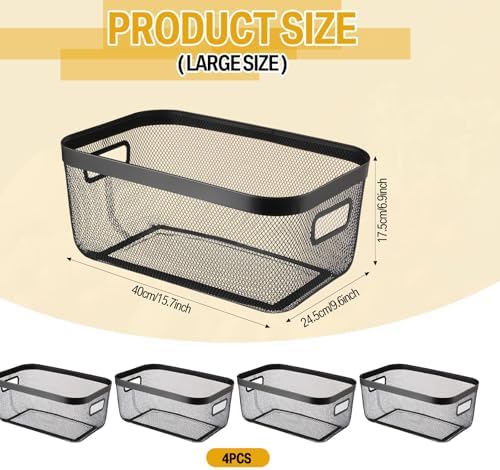 MorningRo 4 Pack Metal Mesh Basket with Hollow Handles Black Wire Storage Bin for Organizing Stackable Metal Fine Mesh Basket for Pantry Bathroom Kitchen Cabinets Shelves (X-Large)