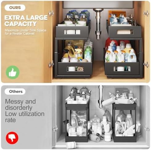 2 Packs 21IN Depth Under Sink Organizer, 2-Tier Pull Out Cabinet Organizer With Smooth Circular Rail, Large Capacity Metal Mesh Sliding Drawers For Bathroom& Kitchen Storage,Height Adjustable-Black
