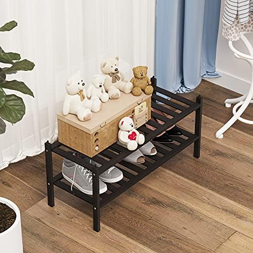 Dranixly Shoe Rack, 2-Tier Bamboo Stackable Shelf Storage Organizer, Stand for Closet, Entryway and Hallway （Black）
