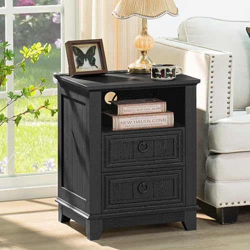 Joaxswe 18" Farmhouse Nightstand with Charging Station & 2 Drawers | Night Stand with Storage, Black Bedside Table w/ 4 Wooden Legs, End Table Bedroom, Bed Side Tables for Living Room, Office