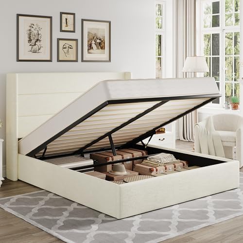 Allewie Queen Size Chenille Lift Up Hydraulic Storage Bed Frame Cream White