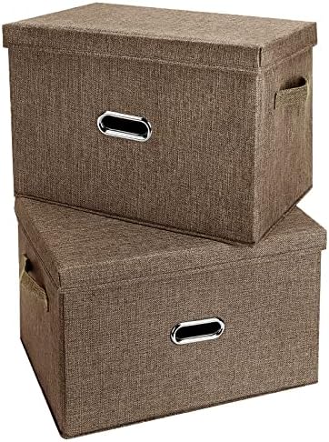 Large Linen Fabric Foldable Storage Bins with Removable Lid and Handles, Washable Storage Box Organizer Containers Baskets Cube with Cover for Bedroom,Closet,Office (Coffee, Large(2-Pack))
