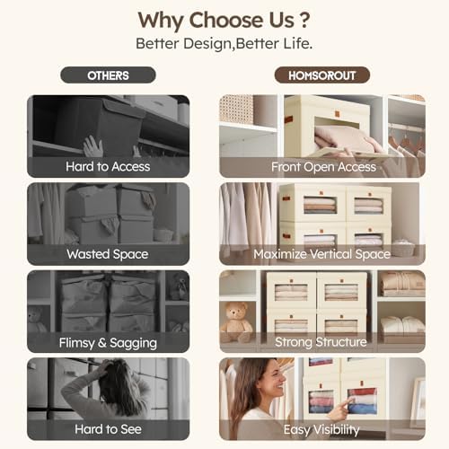 Homsorout Storage Bins with Lids - Front Opening Storage Box with Clear Window & Handles, Stackable Foldable Fabric Bins for Closet Organization, Clothes, Sweaters, Towels, Blankets, 6 Pack, Beige