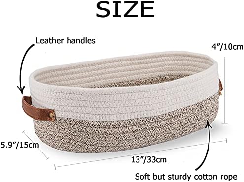 2 Pack Woven Storage Basket for Toilet Tank Top,Farmhouse Home Decor Organizing Basket for Bathroom,Table and Counter 13"x5.9"x4" Apricot Stitching White