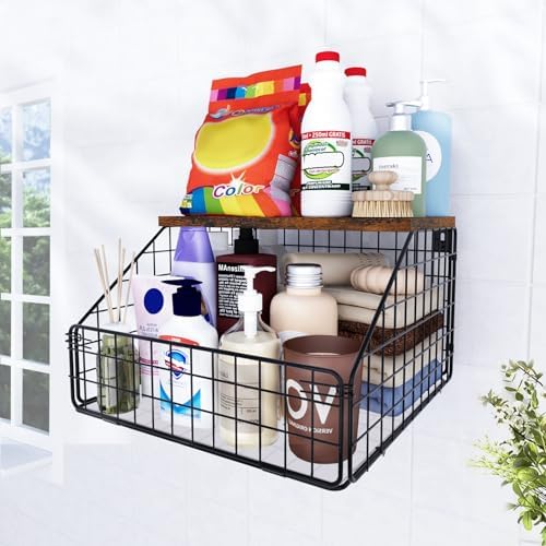 MSJGA Laundry Room Shelves, Wall Mounted Storage Basket, 11.8" Wx12 Dx8.5 H | Stackable Wire Wall Shelves Organizer for Towels, Detergent, Tissues, Space-Saving Over Washer & Dryer, Small Spaces