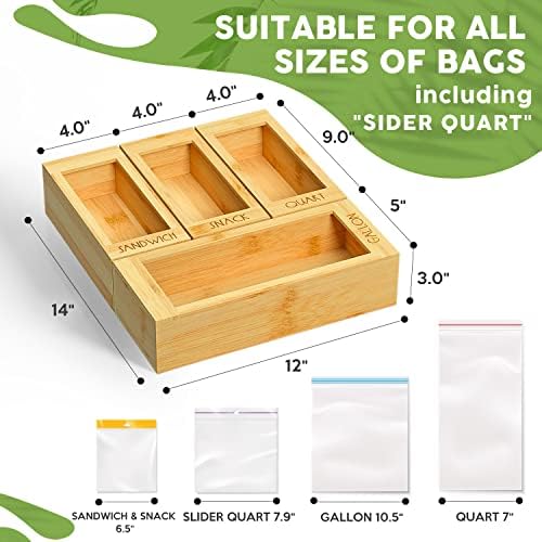 DALSHABET Bamboo Storage Bag Organizer, 4 Separate Food Storage Bags, 12x14 Baggie Organizer Dispenser for All Brands Gallon, Snack, Sandwich & Quart Slider Bags Beige