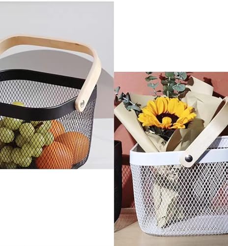 AJIODA Metal Mesh Wire Basket, Large Steel Basket with Wooden Handle Storage Organizer Basket Multi-functional Hanging Kitchen Baskets Fruit Baskets for Kitchen Bathroom Cabinet Pantry Snacks, White