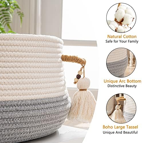 KAKAMAY Woven Baskets for Storage(16"x8"),Blanket Basket for Organizing Living Room,Cotton Rope Basket Woven Baby Laundry Hamper,Collapsible Laundry Room Organization,Clothes,Toy Chest(Grey)