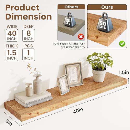 Acovy Extra Deep 40" Long Rustic Solid Wood Floating Shelves for Wall, Wall Shelves with Invisible Bracket for Living Room Bathroom Bedroom Kitchen, Set of 1, Natural