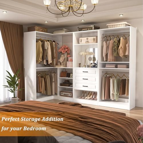 Unikito 86" Corner Closet System Organizer with Drawers & Mirror, White