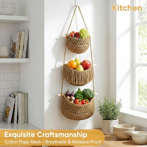 Boho Style Handwoven Rope Hanging Basket - 3-Tier Detachable Storage Organizer for Kitchen/Bathroom/Entryway, 3 Included Heavy-Duty Hooks, 7 Color Options Available (Green)