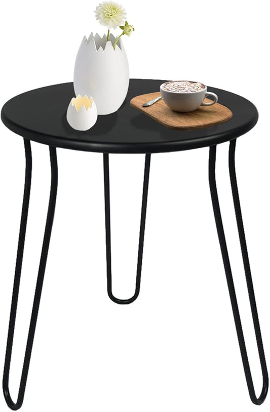 Small Patio Side Table, Weather Resistant Anti-Rust Outdoor Metal Patio Round End Table, Outdoor End Table for Garden, Porch, Balcony, Yard, (Black)