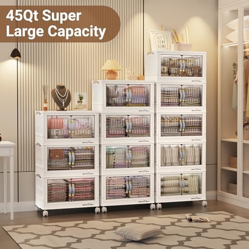 BROVIEW 180Qt Stackable Storage Bins with Lid & Wheels, Plastic Collapsible Closet Organizers and Storage Drawers for Clothes | Foldable Storage Cabinet Container for Dorm Kitchen 4Pack White