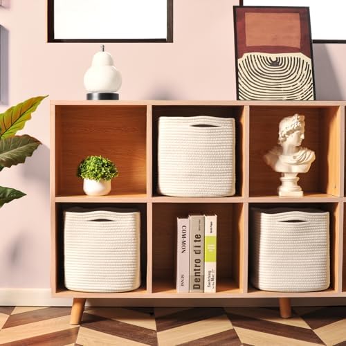 ICERZCZ 11 Inch Cube Storage Bins, Organizer Bins, Woven Cotton Rope Baskets for Storage, Storage Baskets for Organizing Shelves, White Basket for Toys, Off White (Pack of 3)