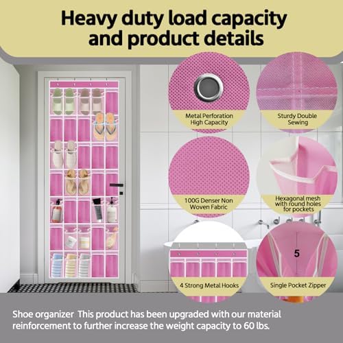 PAULONE 35 Pocket Over the Door Shoe Organizer,Reusable Breathable Large Mesh Bag Men's & Women's Sneaker Organizer,Shoe Organizer for Kids,Hanging Shoe Storage Hanging Bag (Pink)