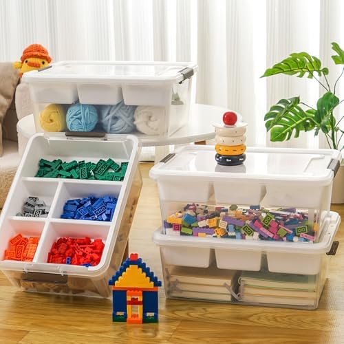 17QT Clear Plastic Craft Storage Box with Removable Tray & Lid - 2 packs | white container, art supply organizer for playdoh, sewing, beads & craft tools, space-saving stackable bins