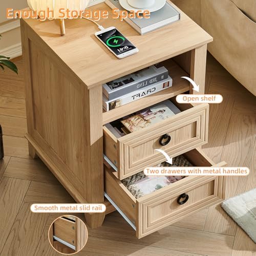 Joaxswe 18" Farmhouse Night Stand Set 2 with Charger Station & 2 Drawers | Nightstand with Storage, Bedside Table w/ 4 Wooden Legs, End Table Bedroom, Bed Side Tables for Living Room (Natural)