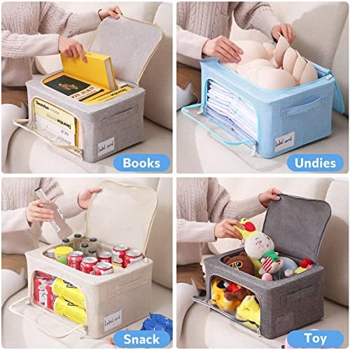 Clothes Storage Bins Box - Linen Fabric Foldable Stackable Container Organizer Set with Clear Window & Carry Handles & Metal Frame - 2Pack Large Capacity for Bedding, Blankets, Books