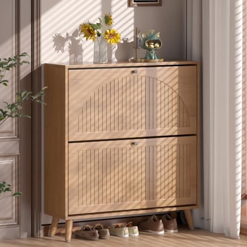 Fsbecl Shoe Storage Cabinet for Entryway with 2 Fluted Flip Drawers, Oak